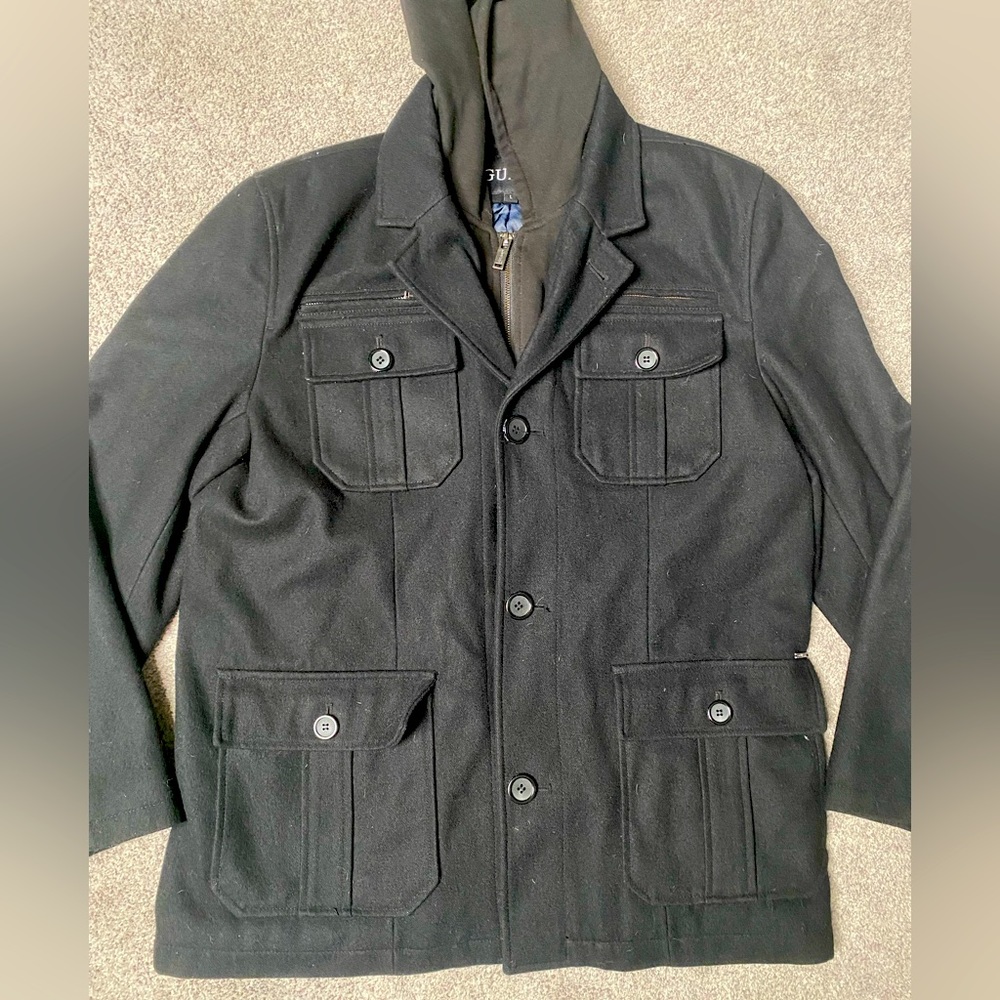 Mens Guess black hooded thermal button down with zip peacoat Sz L